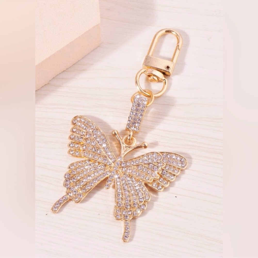 Gold colored Butterfly Keychain or bag charm with Rhinestones. NIP